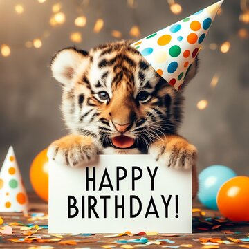 Baby tiger cub with a party hat, holding a happy birthday sign