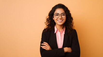 Portrait of young woman wearing business clothes isolated on pastel background. Concept of company, office worker.