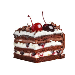 a black forest cake isolated a German dessert made with chocolate cake, whipped cream, and cherries, decorated with chocolate shavings and maraschino cherries. perfect for any occasion.