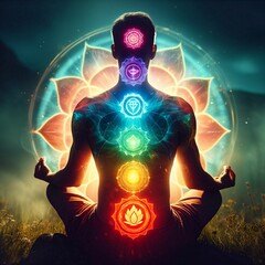 Yoga meditation outdoors. Man sits in a Lotus pose in nature. Colorful chakras and aura glow. Kundalini energy. Zen practicing. Spiritual practice. Relaxation. Esoteric. Generative AI - obrazy, fototapety, plakaty