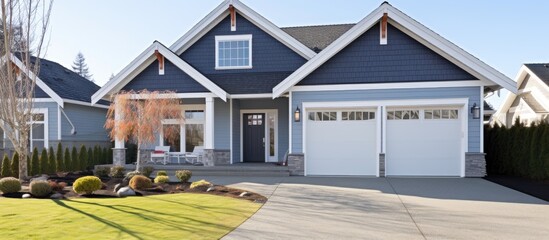 Lovely newly built house with garage and porch on a sunny day - obrazy, fototapety, plakaty