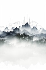 Illustration d'un paysage de montagne dans la brume et le brouillard