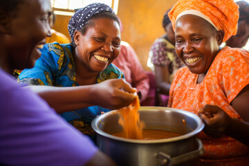 Elderly women preparing communal meal in a traditional African village
