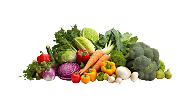 assorted fresh vegetables for a healthy diet on a white or transparent background. Includes carrot, spinach, tomato, onion, and garlic.	
