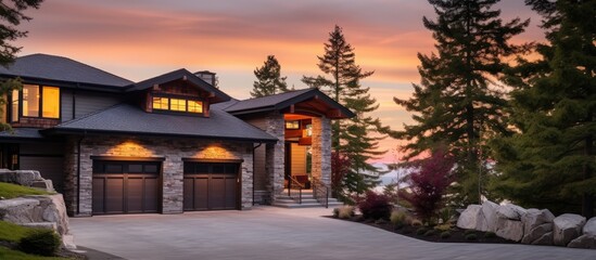 At sunset a modern luxury home with stone accents surrounded by trees and a sunset sky showcases a three car garage and two stories