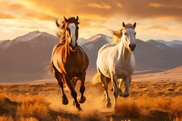Majestic wild horses galloping through a golden field.
