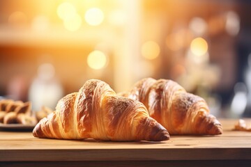 Golden Sunlit Croissants on Wooden Table with Bokeh Panorama
