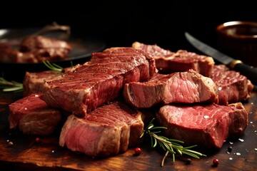 Dark Hued Steaks on Wooden Board with Fresh Rosemary and Vegetables