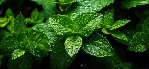 Fresh mint leaves with water drops over them, closeup detail. Generative AI - obrazy, fototapety, plakaty