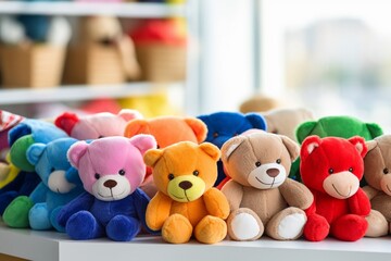 Colorful Stuffed Bears in Office and Store Settings