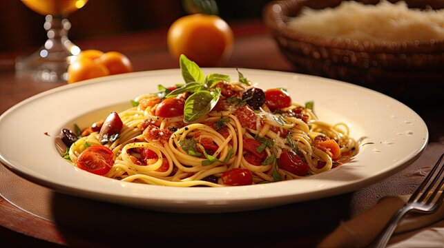  a plate of pasta with tomatoes, olives, and parsley on a table with a basket of oranges in the background.  generative ai