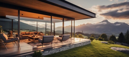 Fototapeta premium Luxury Villa with Mountain Views: Modern Minimalist Glamping. Generative ai