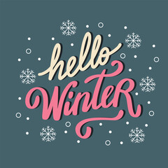 Hello Winter text banner. Handwriting lettering hello Winter square composition. Han drawn vector art