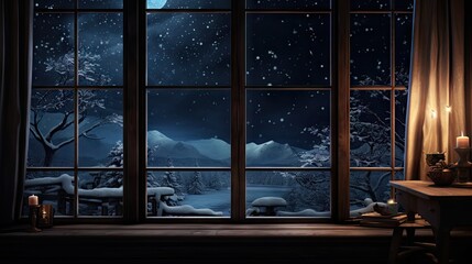  a window that has a view of a snowy night with a full moon in the sky and a lit candle on the window sill.  generative ai