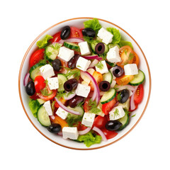Greek salad, vegetables, Horiatiki salads with fresh tomatoes, cucumbers, onions, and feta cheese on plate, summer meal isolated on a white or transparent background with a clipping path, top view.	