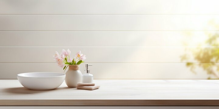 Wooden Table Display in Pristine White Bathroom Interior. Generative ai