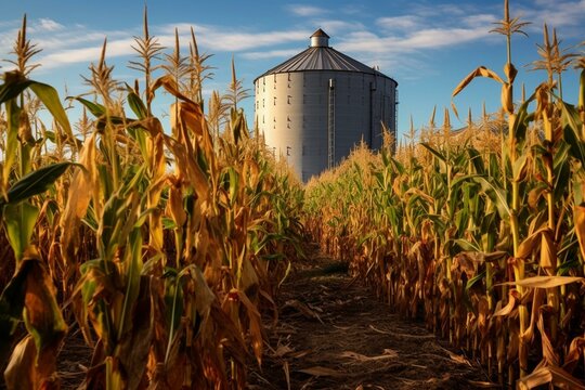 A farm silo with tall corn stalks under sunny skies. Generative AI