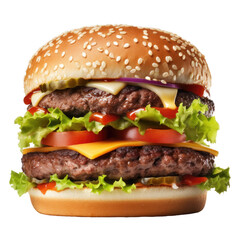 A cheese, beef, vegetable, chicken, or salad burger on a white or transparent background. Healthy fast-food hamburger with cheese	
