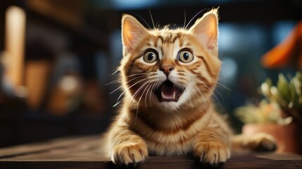  a close up of a cat on a table with it's mouth open and it's eyes wide open.  generative ai