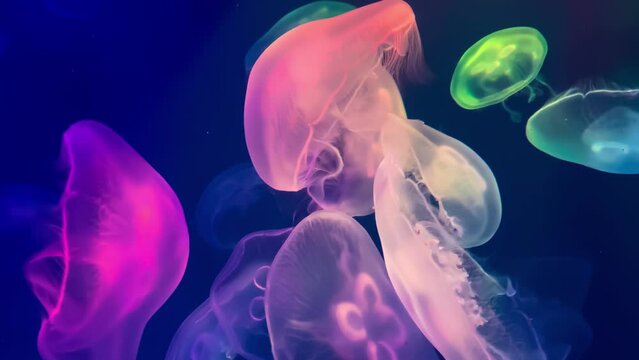 Shiny vibrant fluorescent jellyfish glow underwater. Phosphorescent cosmic medusa. Relaxing view of slowly floating jellyfish on bright blue background. Multiple connected videos with transitions