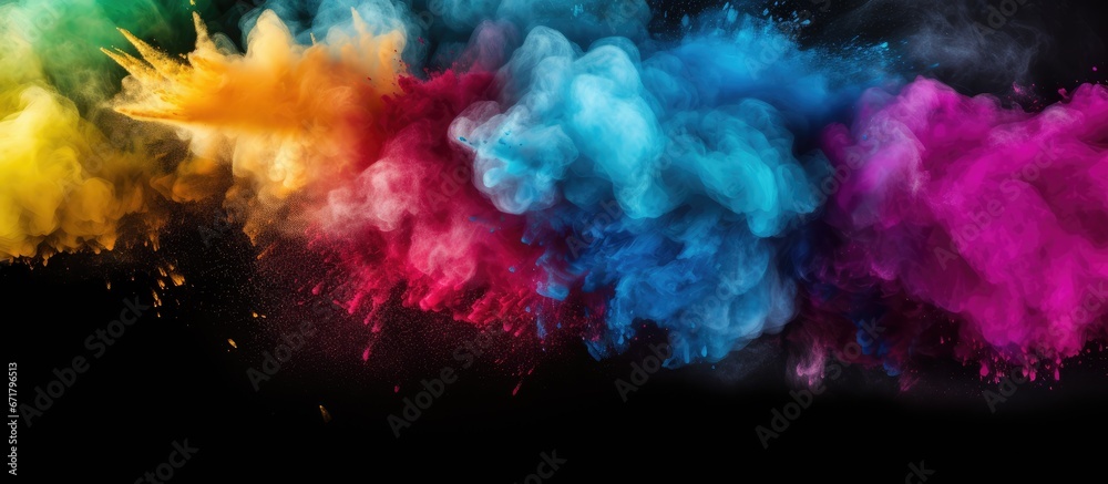 Wall mural The background is filled with abstract powder that splattered creating a frozen motion of color powder exploding or being thrown The surface has a multicolored glitter texture over a black 