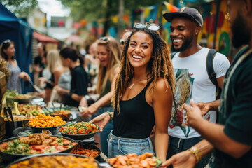 young people choosing vegetarian street food