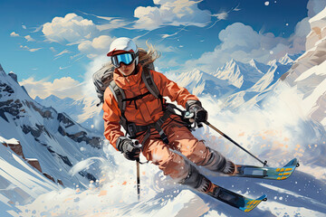 Professional female skier in helmet and glasses with a backpack is free riding on ski slope outside track in snow cloud in mountains - obrazy, fototapety, plakaty