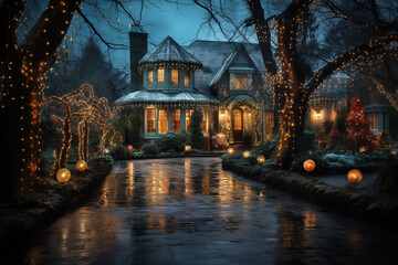 Fototapeta na wymiar traditional residential house illuminated with festive light strings during Christmas holiday season