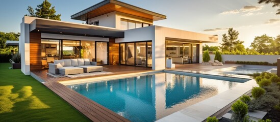 Fototapeta na wymiar Luxury house with a pool in the backyard
