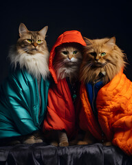 fashionable cats posing,fashion editorial concept,animals,brown,red,yellow and blue colores,winter concept