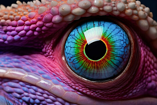 Close-up of a colorful eye of a dragon, iguana, tropical lizard, reptile or dinosaur. Amazing wildlife macro skin textures. Imagination or fantasy concept. Nature background.