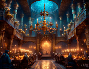Interior of a temple on a night mass. Monks sitting at the tables, lots of candles lighting the big. An exquisite chandelier hanging from the ceiling. Gold and blue colors.  - obrazy, fototapety, plakaty