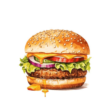 Tasty cheeseburger for food card design watercolor paint on white background