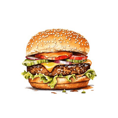 Tasty cheeseburger for food card design watercolor paint on white background