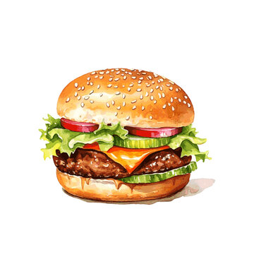 Tasty cheeseburger for food card design watercolor paint on white background