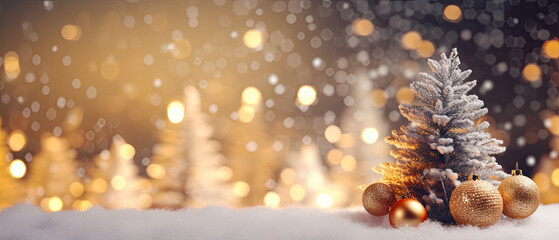 Fototapeta na wymiar Festive of Christmas background decorate by fir twigs and baubles with snow bokeh background