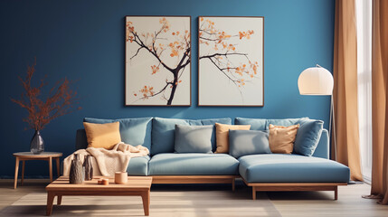 Elegant Living Room Interior with Blue Sofa, Artistic Wall Frames and Contemporary Decor