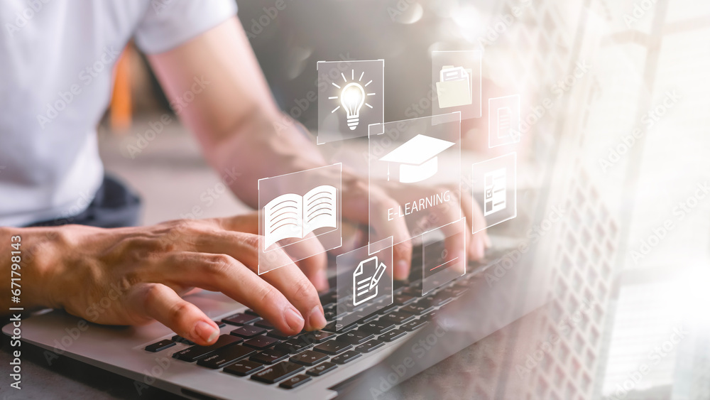 Fototapete Concept of Online education. man use Online education training and e-learning webinar on internet for personal development and professional qualifications. Digital courses to develop new skills..
