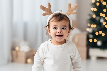 cute toddler is celebrating christmas, standing and wearing white t shirts and have on reindeer antlers