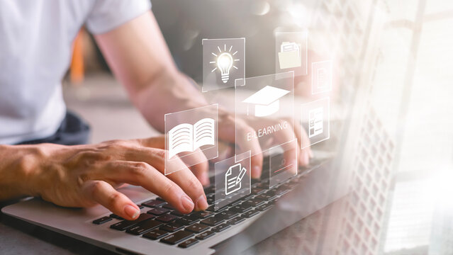 Concept of Online education. man use Online education training and e-learning webinar on internet for personal development and professional qualifications. Digital courses to develop new skills..