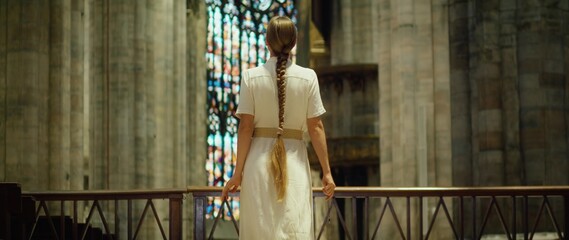 Barefoot tramp woman wanderer looking for God in church. Parishioner holding a religious cross in hand and walks along the pews. - obrazy, fototapety, plakaty