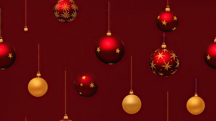  a group of red and gold christmas balls hanging from a line of gold and red ornaments on a red background.  generative ai