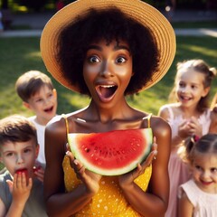Woman eating watermelon with kids