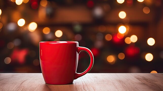  a red coffee cup sitting on top of a wooden table next to a christmas tree with lights in the background.  generative ai