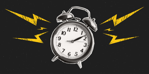 Halftone collage alarm clock. Punk doodle lightning. Grunge black background with noise texture. Deadline concept. Contemporary vector design. - obrazy, fototapety, plakaty