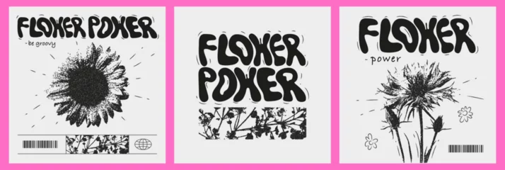 Foto op Canvas Modern posters set with flower power phrase. Y2K trendy streetwear print for t-shirts and hoodies. Vector dot textute flowers. © Teodora ART