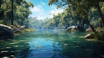 Obraz premium a painting of a river running through a lush green forest filled with lots of trees and a bird flying over the water. generative ai
