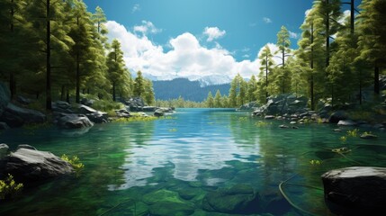  a painting of a river surrounded by rocks and trees with a mountain in the back ground and a blue sky with white clouds.  generative ai