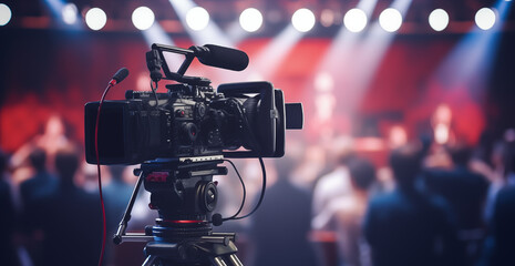 A contemporary video camera with a digital display is capturing an interview within the confines of a TV show studio
