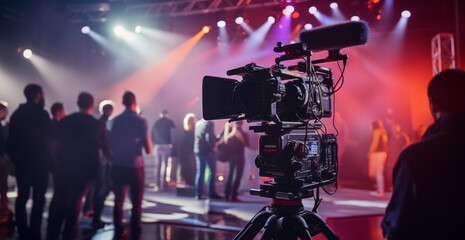 A contemporary video camera with a digital display is capturing an interview within the confines of a TV show studio